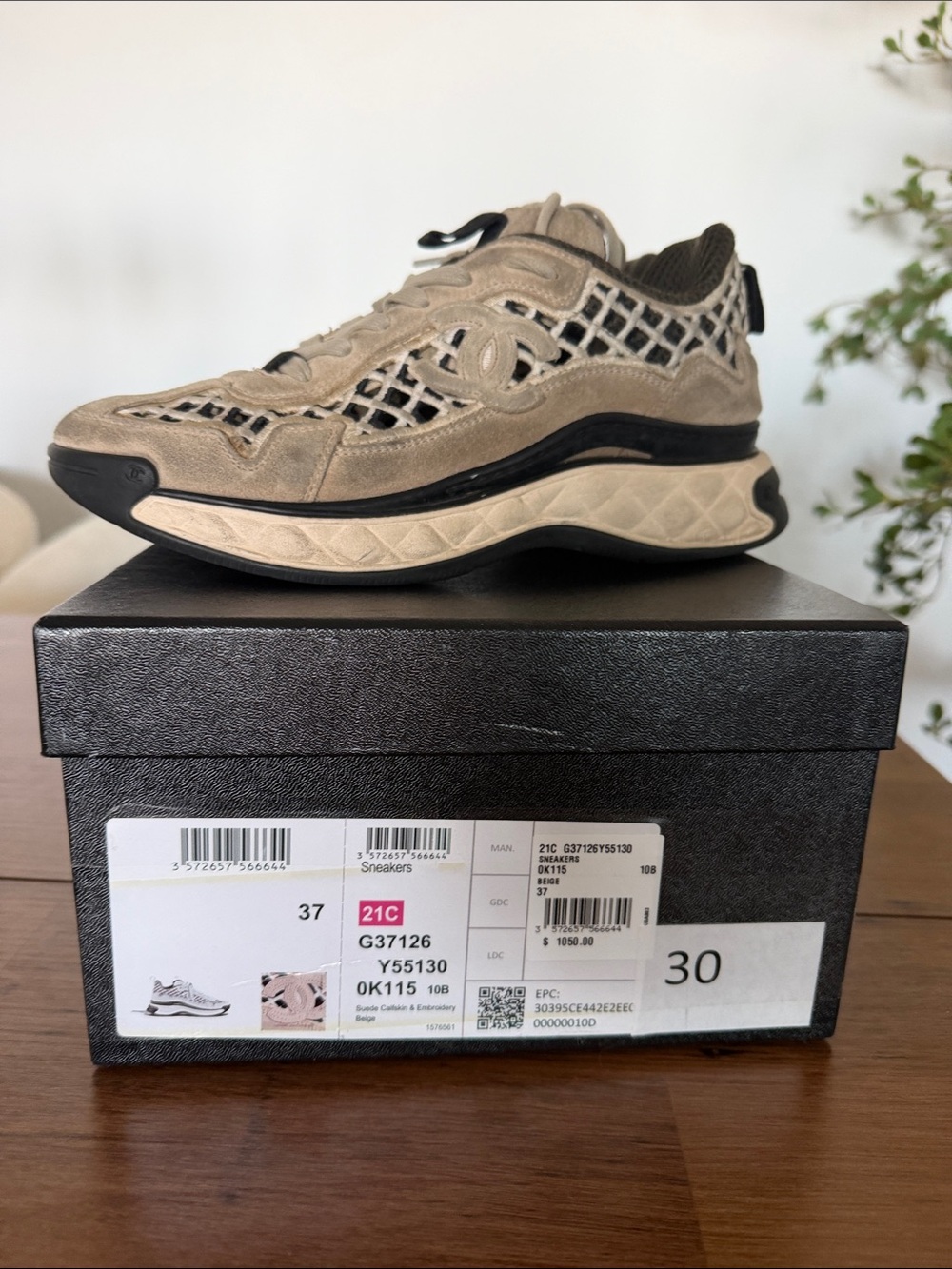 CHANEL Beige Suede Calfskin and Black Embroidery Women's Sneakers